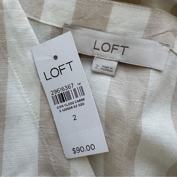 Loft Linen Blend Striped V-neck Button Down Shirt Midi Dress Puff Sleeve - 2 - Picture 3 of 4